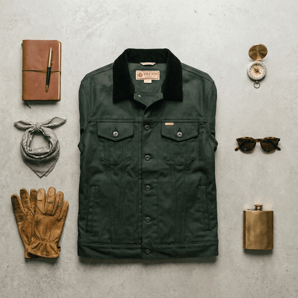 Top-down flat lay arrangement of products on styled surface